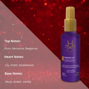 Hydra Groomers Forever VIP Cologne 130ml fragrance pyramid – top notes plum nectarine bergamot, heart notes lily violet sandalwood, base notes musk amber vanilla on red glitter background