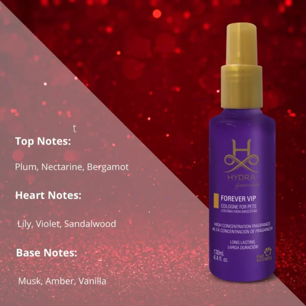 Hydra Groomers Forever VIP Cologne 130ml fragrance pyramid – top notes plum nectarine bergamot, heart notes lily violet sandalwood, base notes musk amber vanilla on red glitter background