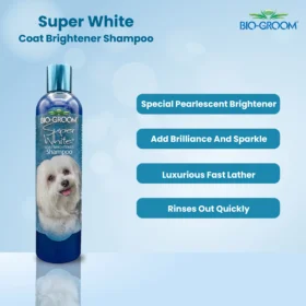 Bio-Groom Super White Coat Brightener Shampoo features – special pearlescent brightener, adds brilliance and sparkle, luxurious fast lather, rinses out quickly