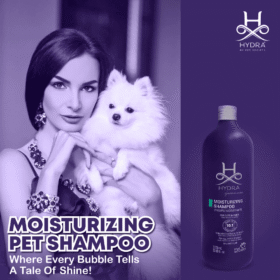 Hydra Groomers Moisturizing Shampoo 1L premium lifestyle ad – elegant woman holding white Pomeranian dog with tagline where every bubble tells a tale of shine