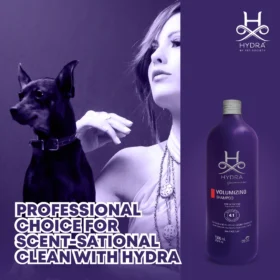 Hydra Groomers Volumizing Shampoo 1L premium purple lifestyle brand ad – elegant woman with Doberman dog and tagline Professional Choice for Scent-Sational Clean with Hydra