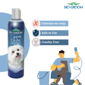 Bio-Groom Super White Coat Brightener Shampoo safety credentials – contains no soap, safe to use, cruelty free no animal testing with dog bathing illustration