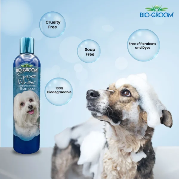 Bio-Groom Super White Coat Brightener Shampoo eco credentials – cruelty free, soap free, 100% biodegradable, free of parabens and dyes with lathered dog bathing