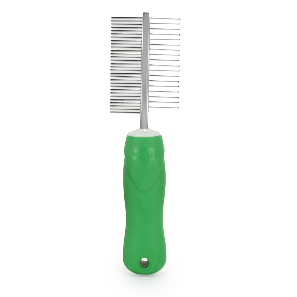 BASIL Double Sided Pet Grooming Comb for Dogs & Cats – Dual Tooth Comb with Handle for Detangling, De-Shedding & Coat Maintenance