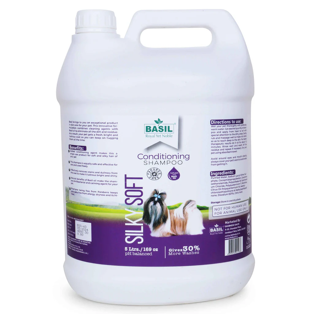 BASIL Silky Soft Conditioning Shampoo for Dogs & Cats – 5L Gallon, Coat Softening & Shine Enhancing Formula, Gentle Cleansing for Smooth & Manageable Fur
