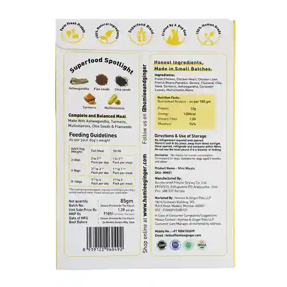 Homiee & Ginger Mini Meals Chicken & Quinoa Dog Food – Fresh Gluten-Free Meal 85g