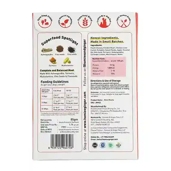 Homiee & Ginger Mini Meals Chicken & Sweet Potato Dog Food – Fresh Grain-Free Meal 85g