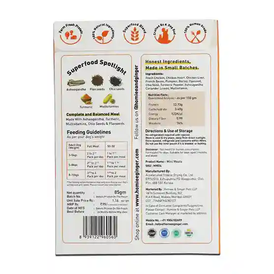 Homiee & Ginger Mini Meals Chicken & Barley Dog Food – Fresh Balanced Meal 85g
