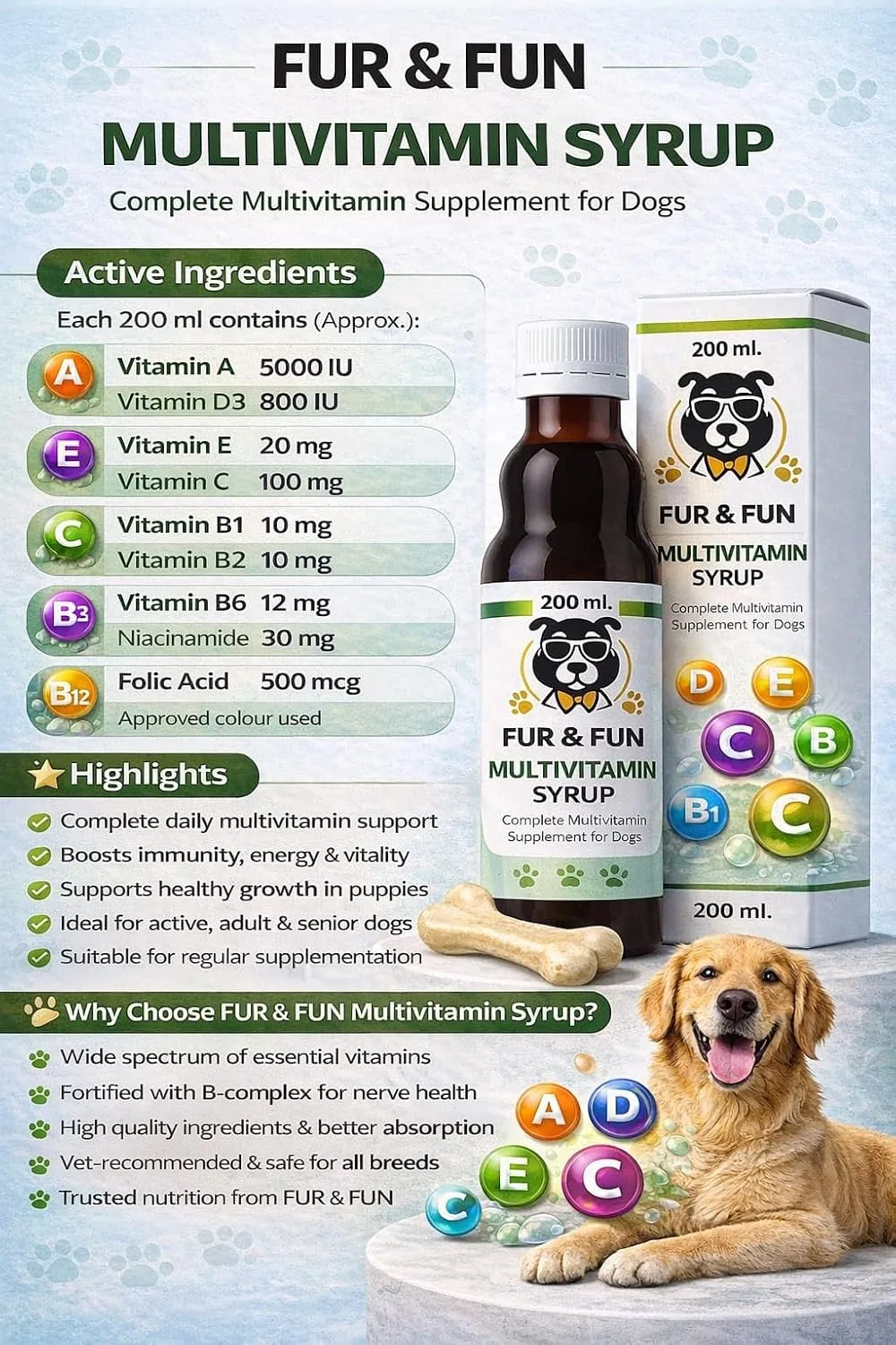 FUR & FUN Dog Multivitamin Syrup – Complete Daily Vitamin Supplement for Dogs