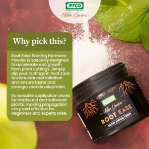 DETAILED DESCRIPTION IFFCO Urban Gardens Root Ease is a rooting hormone powder designed to support root development in plant cuttings and during plant propagation. The powder formulation is easy to apply and can be used as part of the propagation process for suitable plants. It is ideal for gardeners and plant enthusiasts looking to support the establishment of plant cuttings and encourage healthy root development. COMPOSITION & FORMULATION Rooting hormone powder. Designed for plant propagation. Easy-to-apply powder formulation. Suitable for use with plant cuttings. (Refer to the product packaging for complete composition and application details.) KEY BENEFITS Supports root development in plant cuttings. Helps during plant propagation. Easy-to-use powder formulation. Suitable for a variety of plant cuttings. Convenient for home gardening and plant propagation. USAGE GUIDE Take a healthy plant cutting as required. Apply the recommended amount of rooting powder to the cut end. Plant the cutting in a suitable growing medium. Follow product label instructions for the recommended application method and dosage. INGREDIENTS Rooting Hormone Powder Formulation. (Refer to the product packaging for complete composition and usage instructions.)