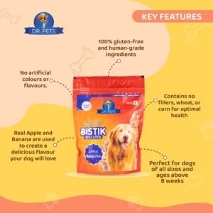 Happy dog enjoying Dr.Pets Bistik Apple Banana vegetarian dog biscuits during training