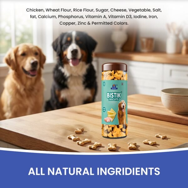 Happy dog enjoying Dr.Pets Bistik Chicken Cheese non-vegetarian bite-sized dog biscuits