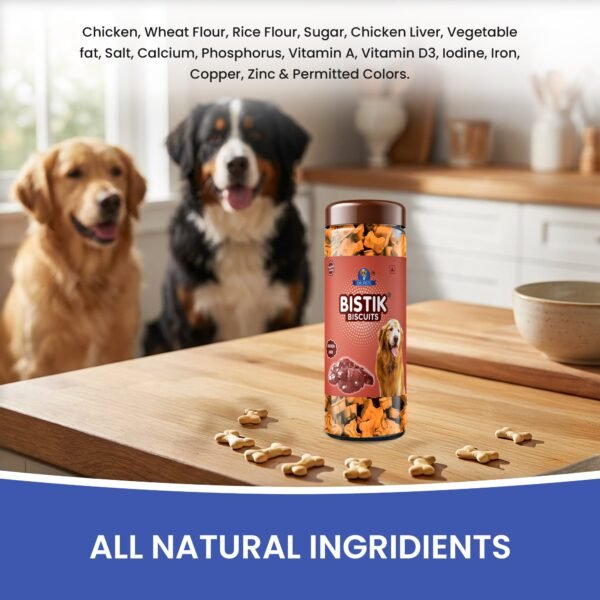 Happy dog enjoying Dr.Pets Bistik Chicken Liver 450g non-vegetarian dog biscuits