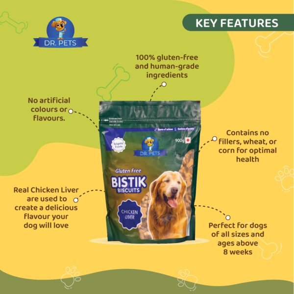 Happy dog enjoying Dr.Pets Bistik Chicken Liver oven baked non-vegetarian dog biscuits