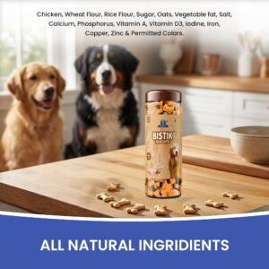 Happy dog enjoying Dr.Pets Bistik Chicken Oats non-vegetarian dog biscuits