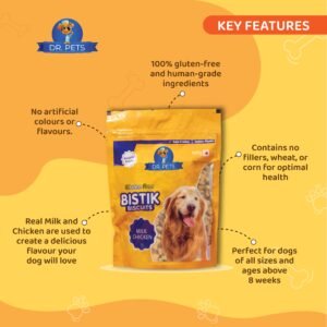 Happy dog enjoying Dr.Pets Bistik Milk Chicken oven baked non-vegetarian dog biscuits