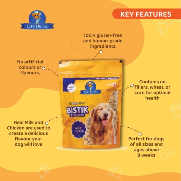 Happy dog enjoying Dr.Pets Bistik Milk Chicken oven baked non-vegetarian dog biscuits