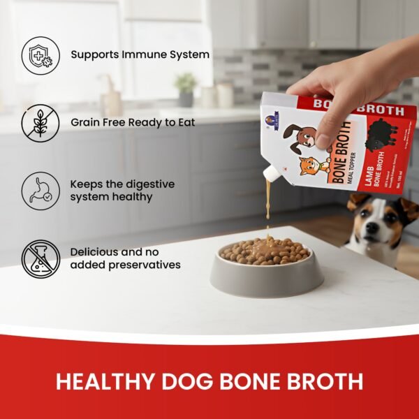 Dr.Pets Lamb Bone Broth Meal Topper key benefits infographic novel protein collagen