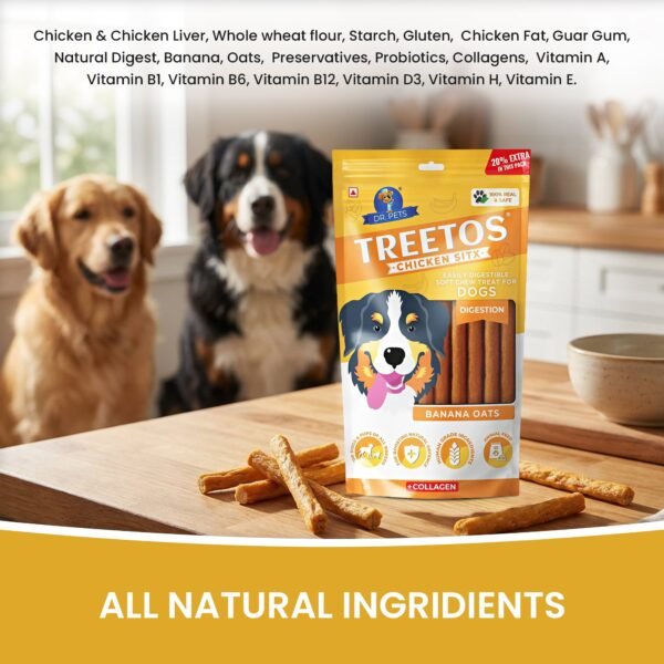Happy dog enjoying Dr.Pets Treetos Banana Oats soft chew dog treats