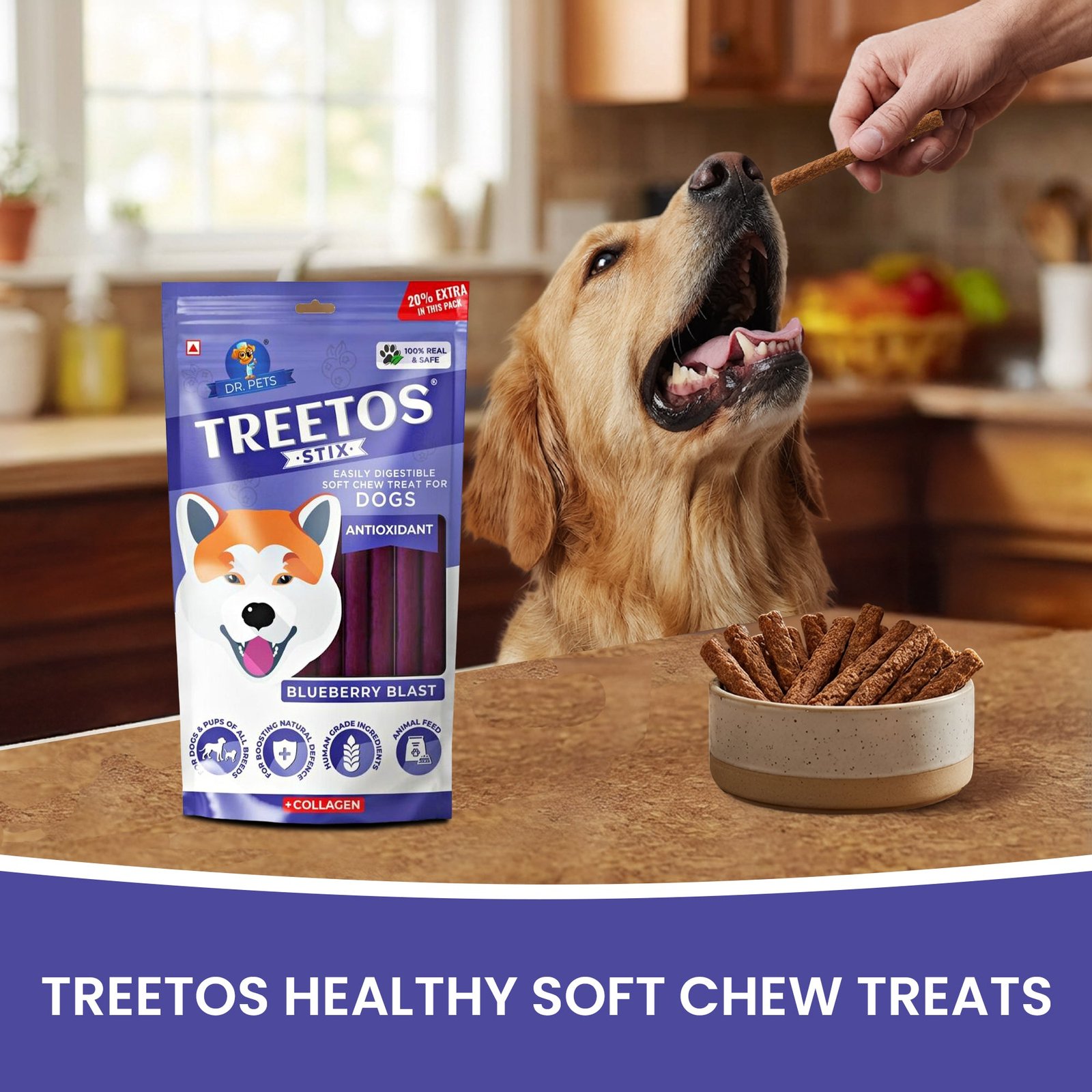 Dr.Pets Treetos Blueberry Blast Soft Chew Dog Treats 85g back pack ingredients