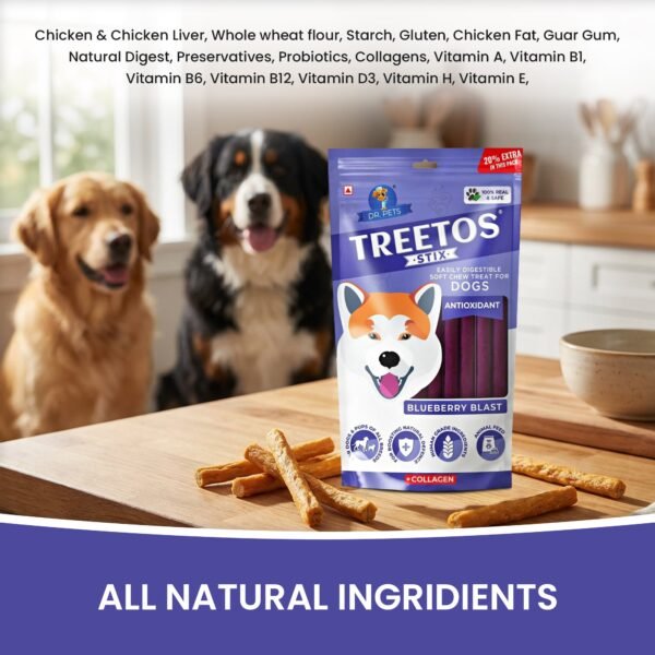 Happy dog enjoying Dr.Pets Treetos Blueberry Blast soft chew dog treats