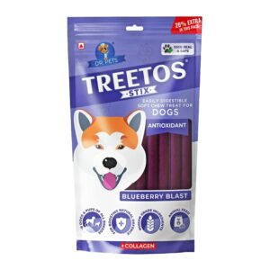 Dr.Pets Treetos Stix Blueberry Blast Soft Chew Dog Treats 85g with chicken probiotics collagen and antioxidants front pouch