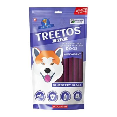 Dr.Pets Treetos Stix Blueberry Blast Soft Chew Dog Treats 85g with chicken probiotics collagen and antioxidants front pouch