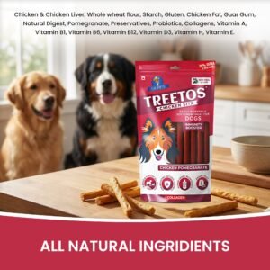 Happy dog enjoying Dr.Pets Treetos Chicken Pomegranate soft chew dog treats