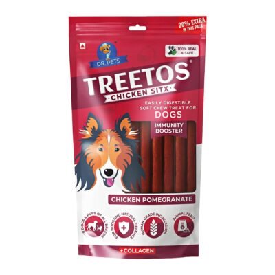 Dr.Pets Treetos Stix Chicken Pomegranate Soft Chew Dog Treats 85g with probiotics collagen and antioxidants front pouch