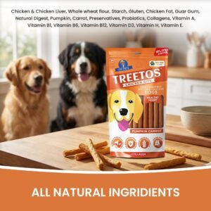 Happy dog enjoying Dr.Pets Treetos Pumpkin Carrot soft chew dog treats