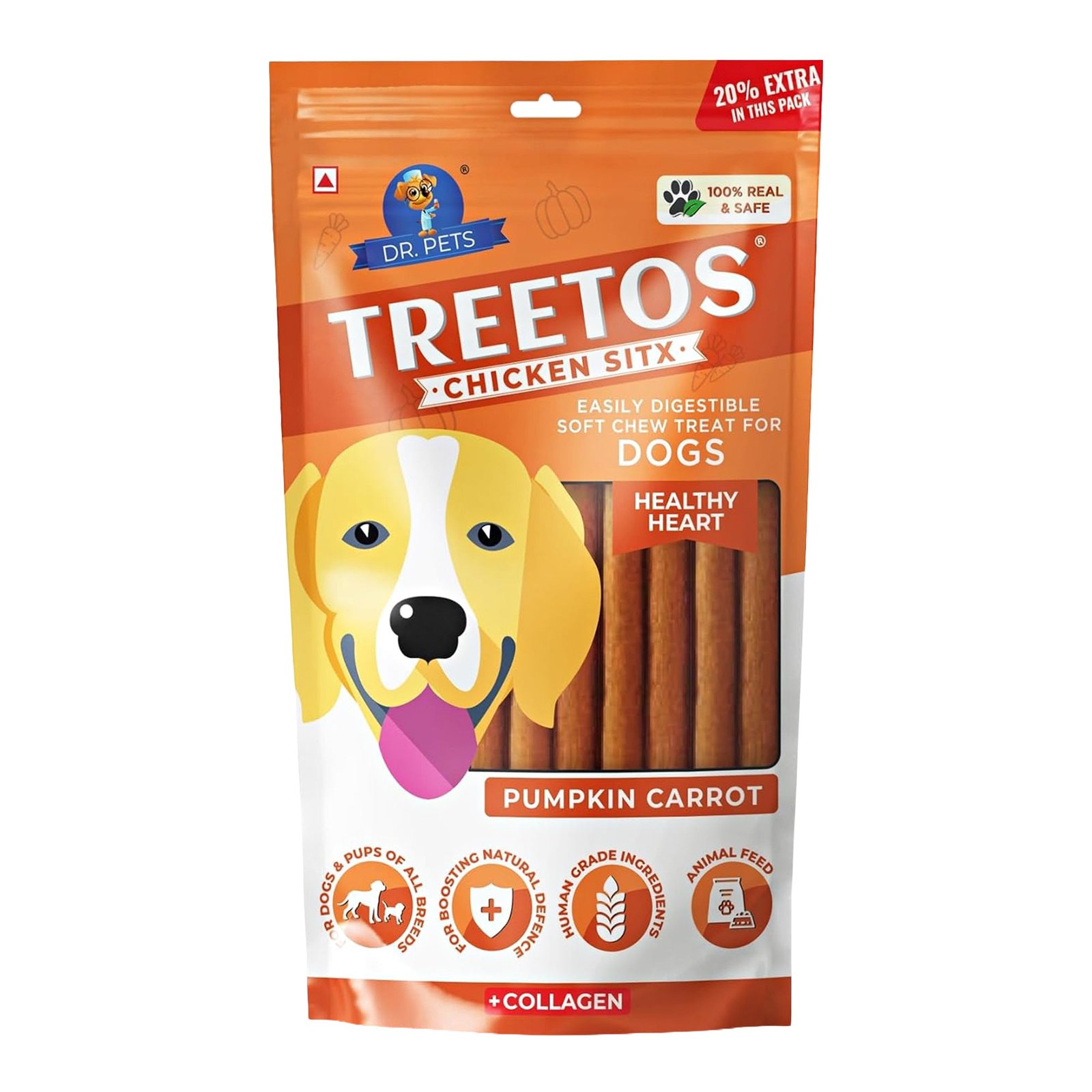 Dr.Pets Treetos Stix Pumpkin Carrot Soft Chew Dog Treats 85g with chicken probiotics and collagen front pouch