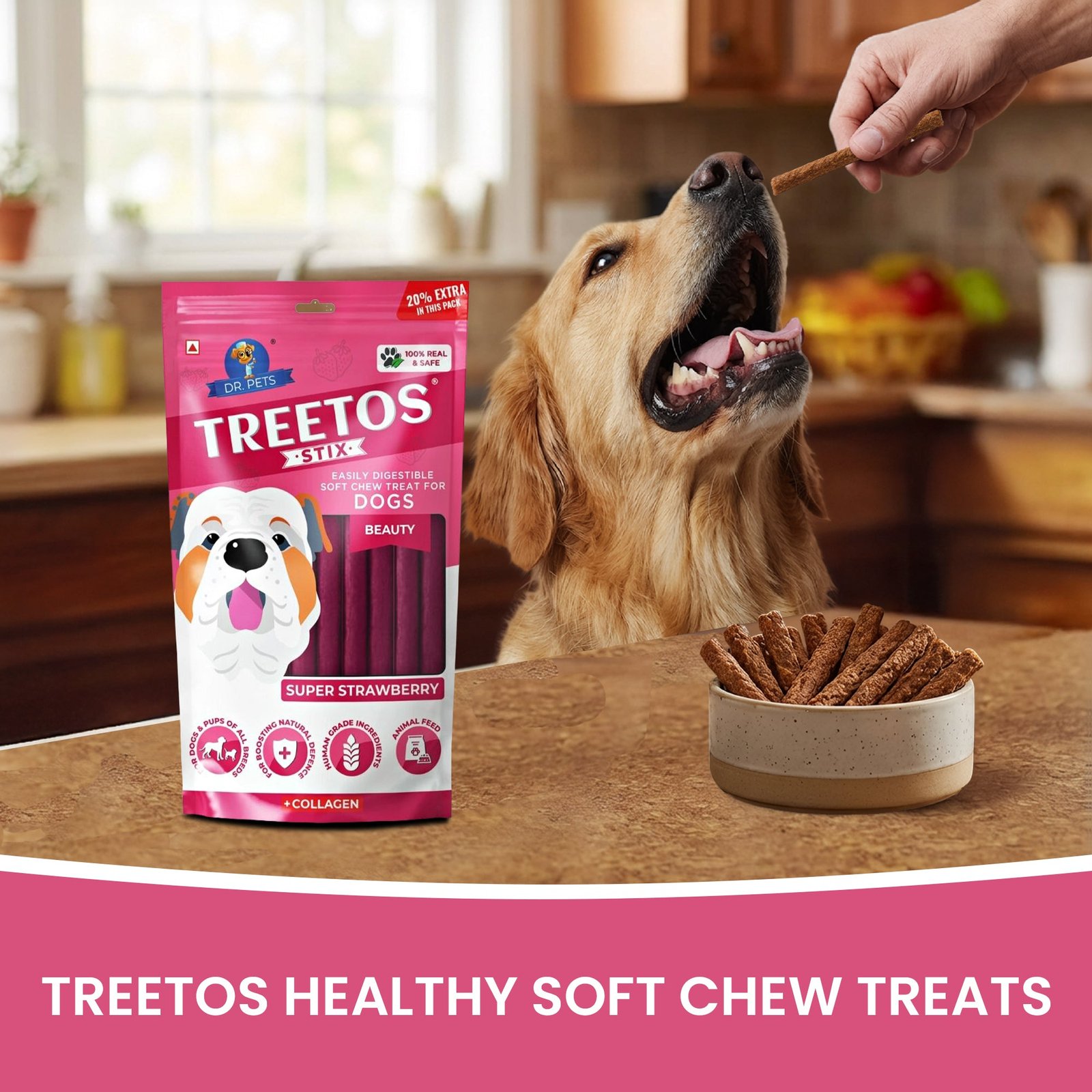Dr.Pets Treetos Super Strawberry Soft Chew Dog Treats 85g back pack ingredients